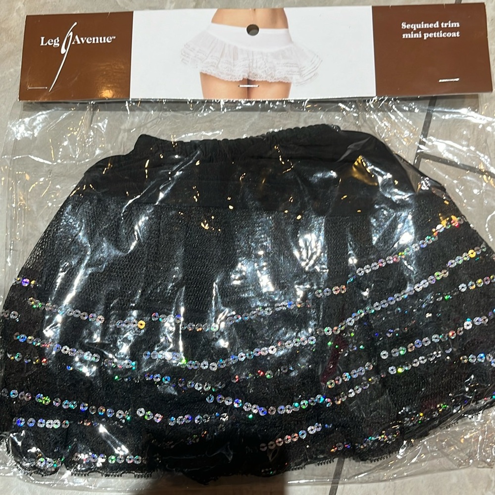 NWT black silver sequin trim mini skirt lace petticoat one size tutu leg Avenue
